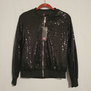 Kancy Kole all-over sequin full zip bomber jacket women's size S black, New